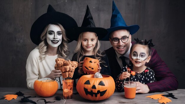 Madre padre e hijos en disfraces y maquillaje familia se prepara para la celebración de Halloween