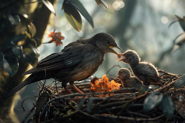 Una madre pájaro alimentando a sus polluelos en un nido