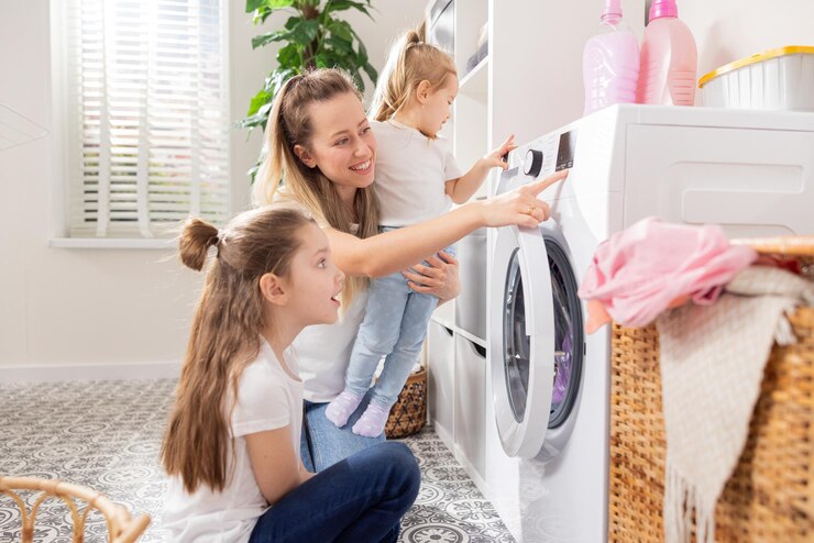 La madre pasa tiempo con los niños pequeños en el baño de la lavandería y realiza tareas domésticas