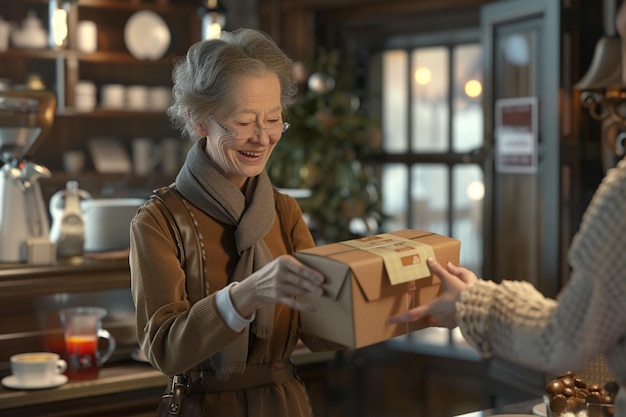 Madre recibiendo una entrega sorpresa de comida gourmet