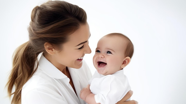 Madre riendo con el bebé en fondo blanco