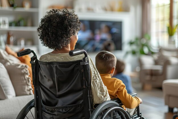 Madre sentada en una silla de ruedas viendo televisión con sus hijos IA generativa