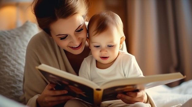 La madre se sienta en una cama acogedora leyendo un libro con su hijo en casa