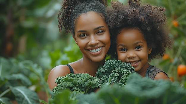 Una madre soltera emocionada elige verduras frescas para su hija en su jardín orgánico Una joven alegre le muestra la col a su hija pastoreando en el jardín ecológico con sus propios productos