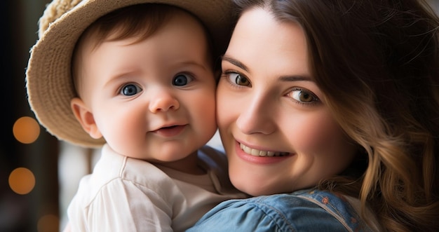 Una madre sonriente abraza a un bebé lindo que irradia felicidad generada por la IA