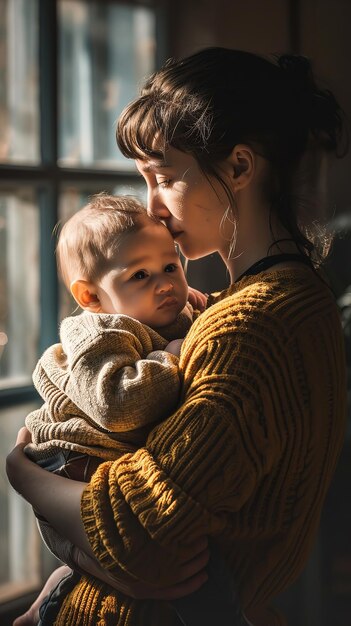 Madre sosteniendo al bebé hijo en los brazos iluminación suave Ai generativa