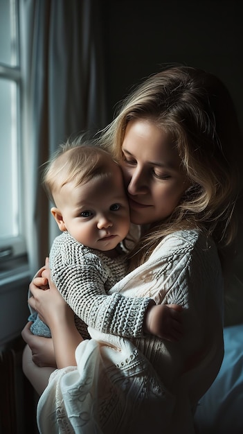 Madre sosteniendo al bebé hijo en los brazos iluminación suave Ai generativa