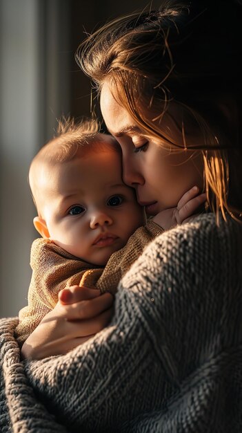 Madre sosteniendo al bebé hijo en los brazos iluminación suave Ai generativa