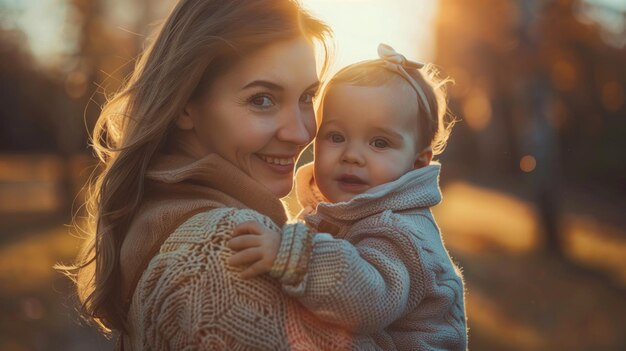 Foto madre sosteniendo al bebé bajo el sol