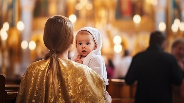 Foto madre sosteniendo a una niña en una iglesia ortodoxa durante la ceremonia de la epifanía ia generativa