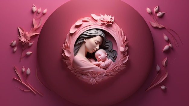 Madre sosteniendo a un niño en marco circular rosa obra de arte digital en alta definición