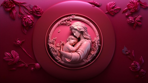 Madre sosteniendo a un niño en marco circular rosa obra de arte digital en alta definición