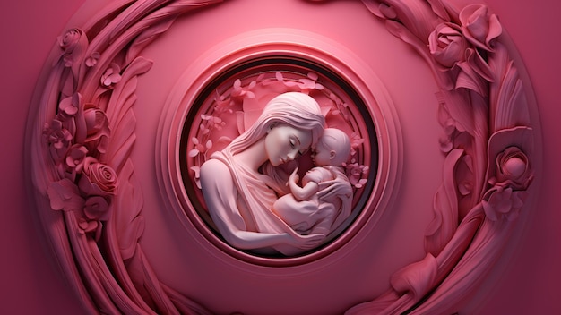 Madre sosteniendo a un niño en marco circular rosa obra de arte digital esculturas de papel arte inspirado en la fe
