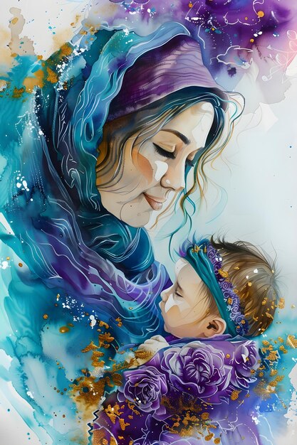 Madre sosteniendo a su bebé en una acuarela colorida