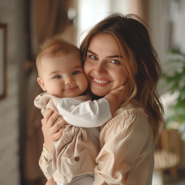 Madre sosteniendo a su bebé con una cálida sonrisa en un ambiente acogedor