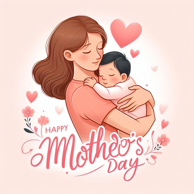 una madre sosteniendo a su bebé y un fondo rosa con corazones y texto feliz día de la madre