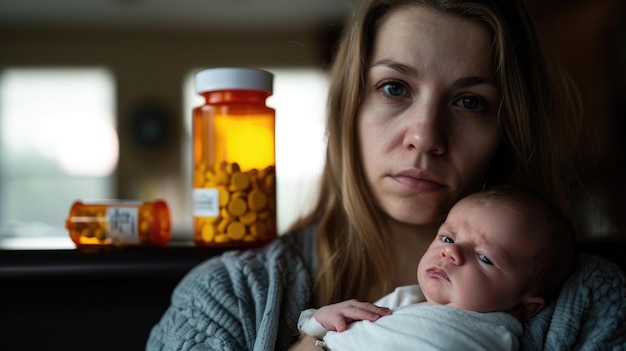 Una madre sosteniendo a su bebé recién nacido pero con una botella de pastillas con receta en el fondo