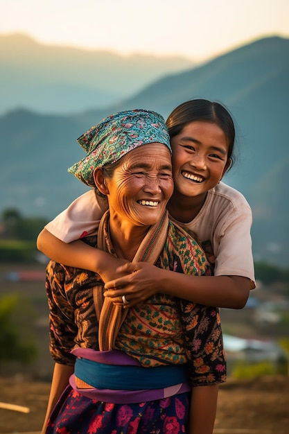 madre sosteniendo a su hija en el pueblo asiático