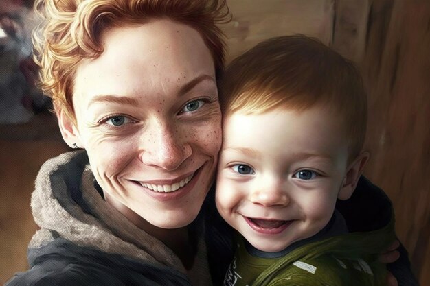 Una madre sosteniendo a su hijo pequeño mientras sonríe a la cámara creada con IA generativa