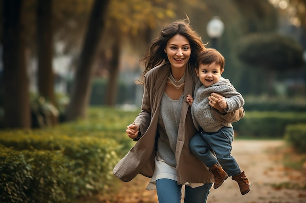 una madre sosteniendo a su hijo con una sonrisa feliz