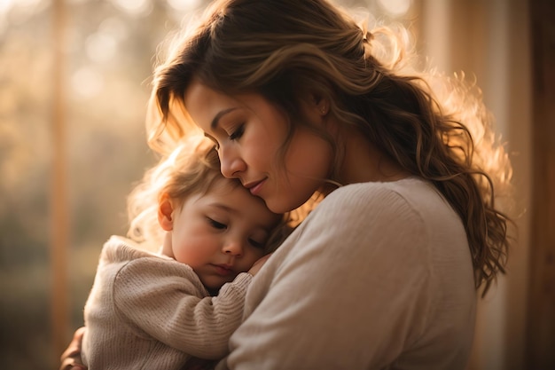 Una madre sosteniendo a su lindo niño