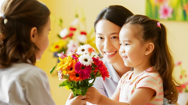 una madre sostiene un ramo de flores con su hija