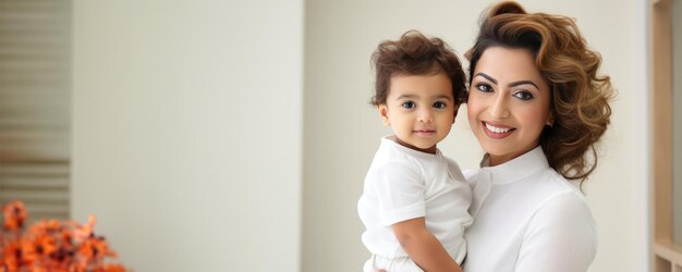 Foto una madre sostiene a su bebé cerca una imagen conmovedora de una mujer y un niño