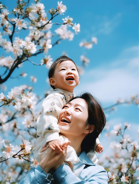 Una madre y su bebé se aferran a un árbol con flores blancas al fondo.