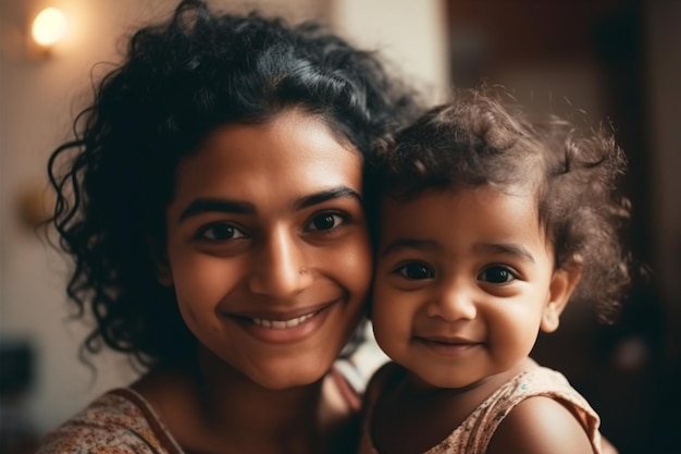 Una madre y su bebé están sonriendo a la cámara.