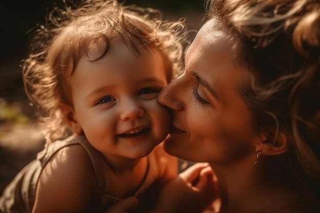 Una madre y su bebé están sonriendo y la palabra amor está en el frente de la foto.