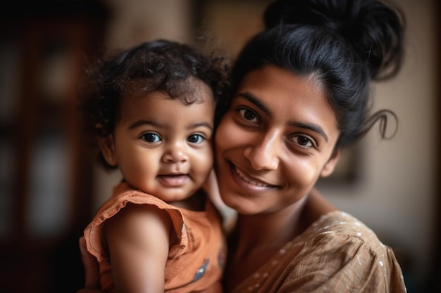 Una madre y su bebé están sonriendo y la palabra amor está en su rostro.