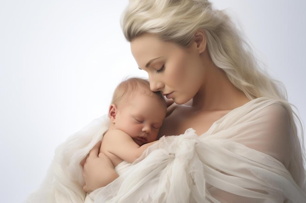 una madre y su bebé están en un vestido blanco.