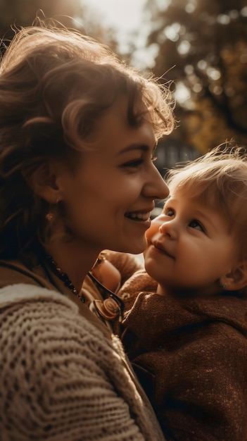 Una madre y su bebé mirando a la cámara.