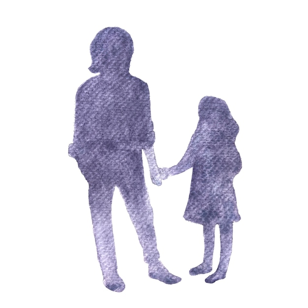Una madre y su hija de 7 años tomados de la mano Ilustración de acuarela monocromática aislada en blanco