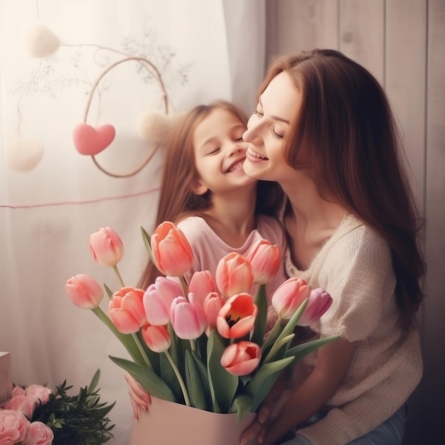 Una madre y su hija se abrazan y abrazan y sostienen un ramo de tulipanes.