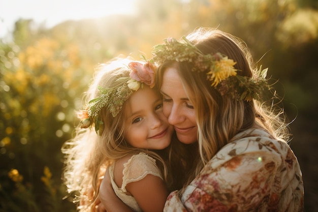 Una madre y su hija se abrazan en un campo de flores.