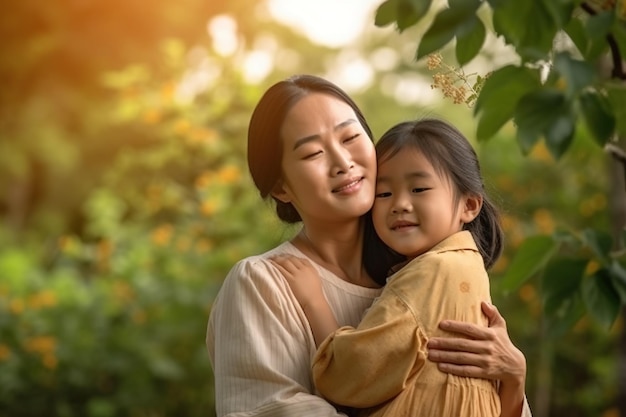 Una madre y su hija se abrazan en un jardín.