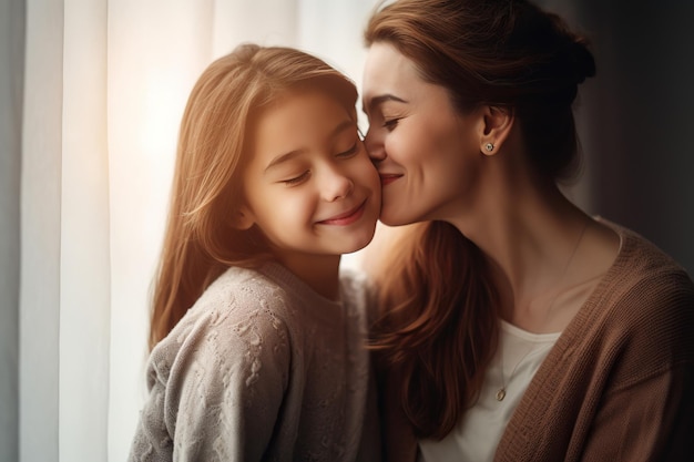 Una madre y su hija besando a su madre.