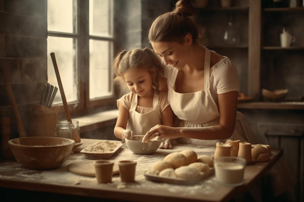 Una madre y su hija cocinando en una cocina.