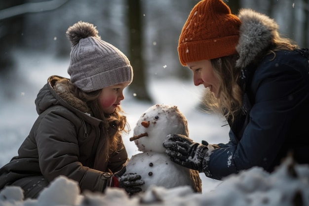 Una madre y su hija construyen un muñeco de nieve en la nieve.