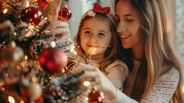 Una madre y su hija decorando un árbol de Navidad espíritu festivo alegre en casa