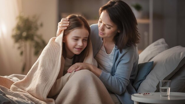 Foto madre con su hija enferma en un dormitorio