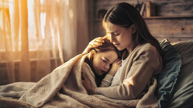 Foto madre con su hija enferma en un dormitorio