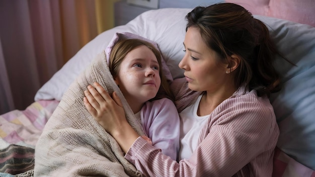 Foto madre con su hija enferma en un dormitorio