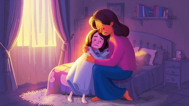 Foto madre con su hija enferma en un dormitorio