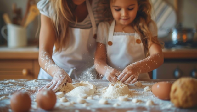 Foto una madre y su hija se están divirtiendo mientras amasan la masa.