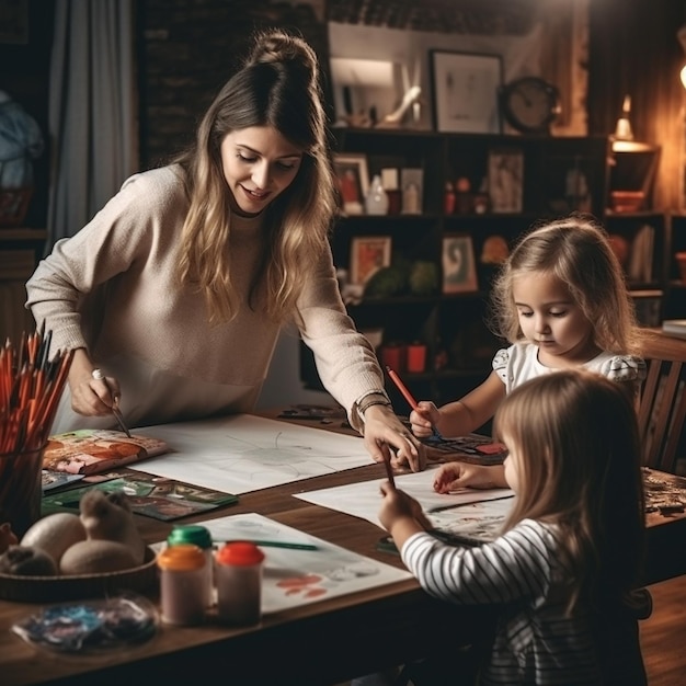 una madre y su hija hacen un dibujo en una mesa