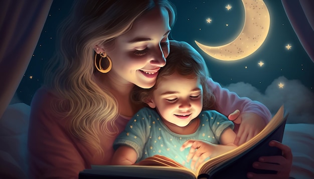 Una madre y su hija leen un libro juntas por la noche.