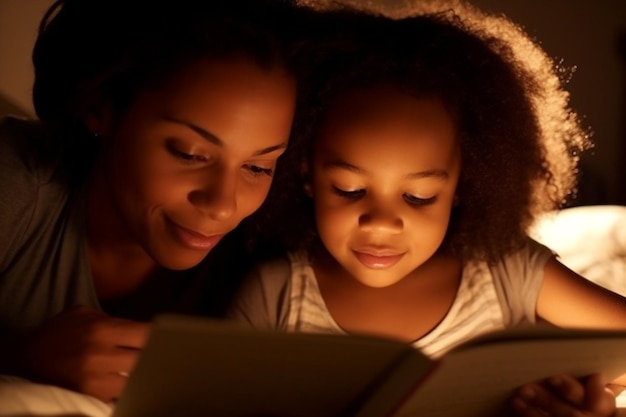 Una madre y su hija leyendo un libro en un cuarto oscuro.