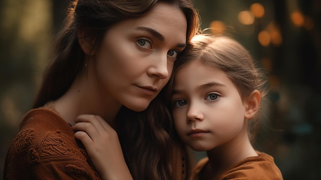 Foto una madre y su hija miran a la cámara.